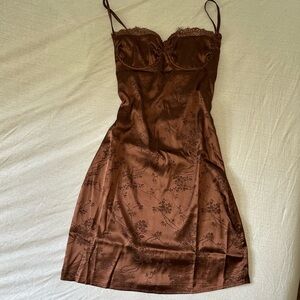 Lola May Brown Satin Mini Dress Lace Detail size 4